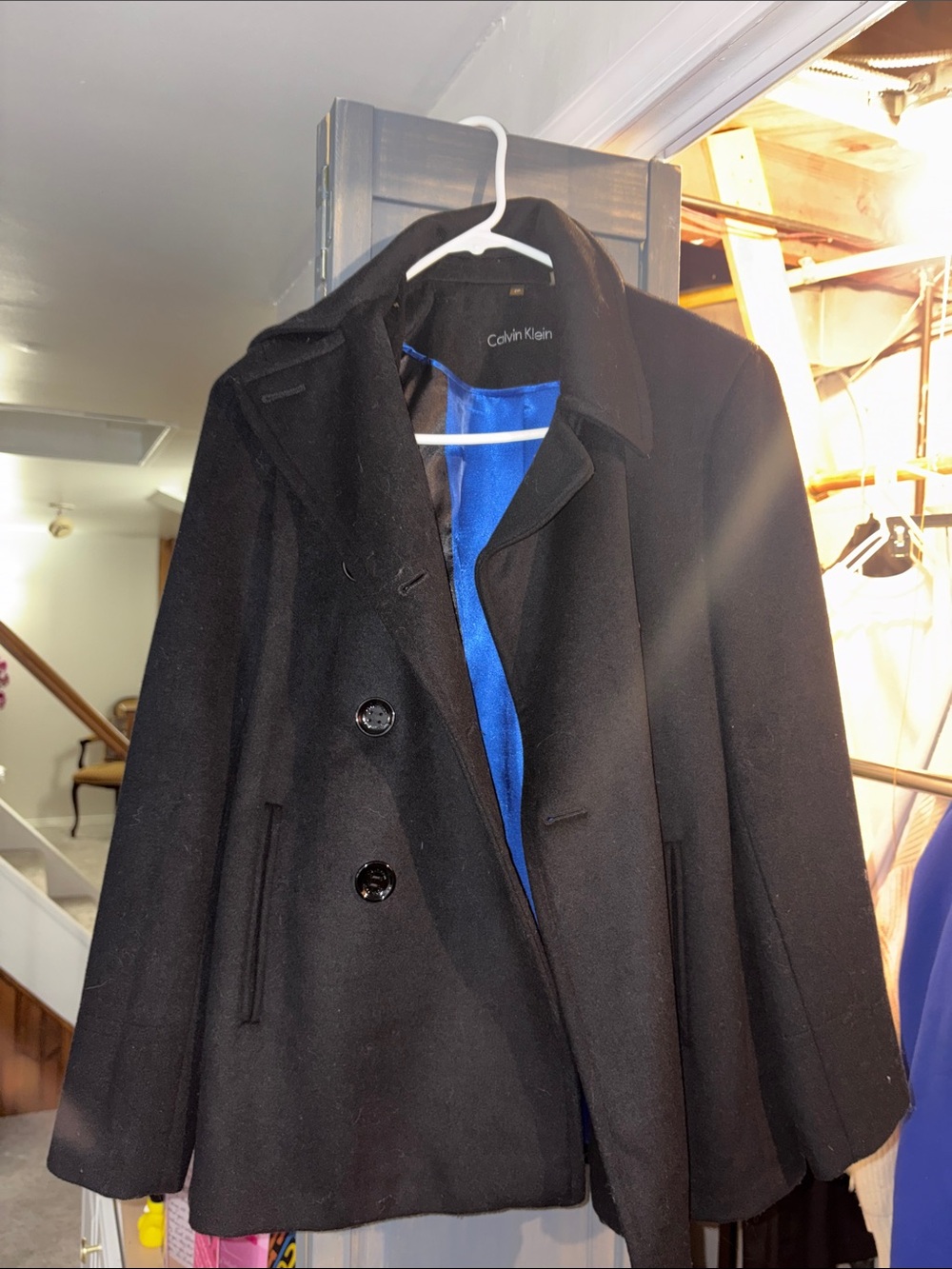Calvin Klein Black Pea Coat with Blue Lining